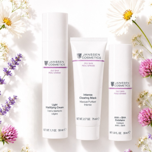 Janssen Cosmetics Anti-Inflammation and Oil Control Skincare System — set of 4 products including AHA BHA Exfoliator, Intense Clearing Mask, Light Mattifying Cream and Face Guard Advanced for oily and breakout-prone skin