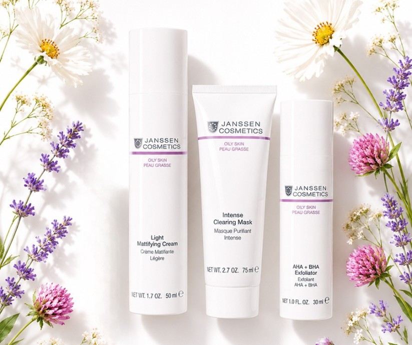 Janssen Cosmetics Anti-Inflammation and Oil Control Skincare System — set of 4 products including AHA BHA Exfoliator, Intense Clearing Mask, Light Mattifying Cream and Face Guard Advanced for oily and breakout-prone skin